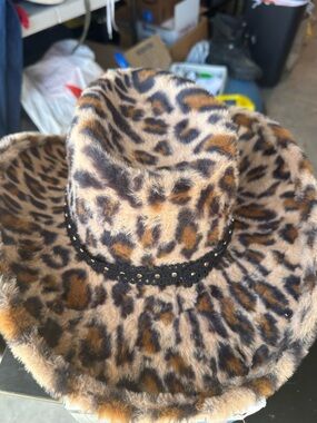 Leopard Print Faux Fur Cowgirl Hat with Black Sequin Band - Women Accessories